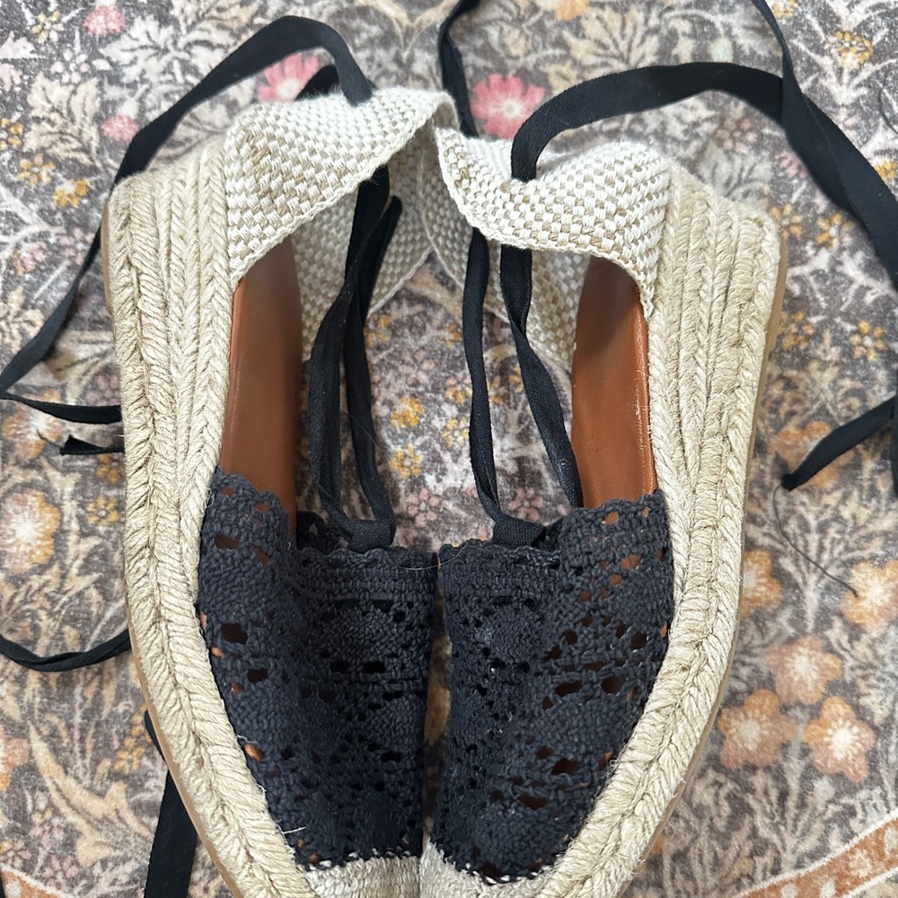 Black Lace Espadrille Tie-Ankle Wedges - Picture 2 of 5